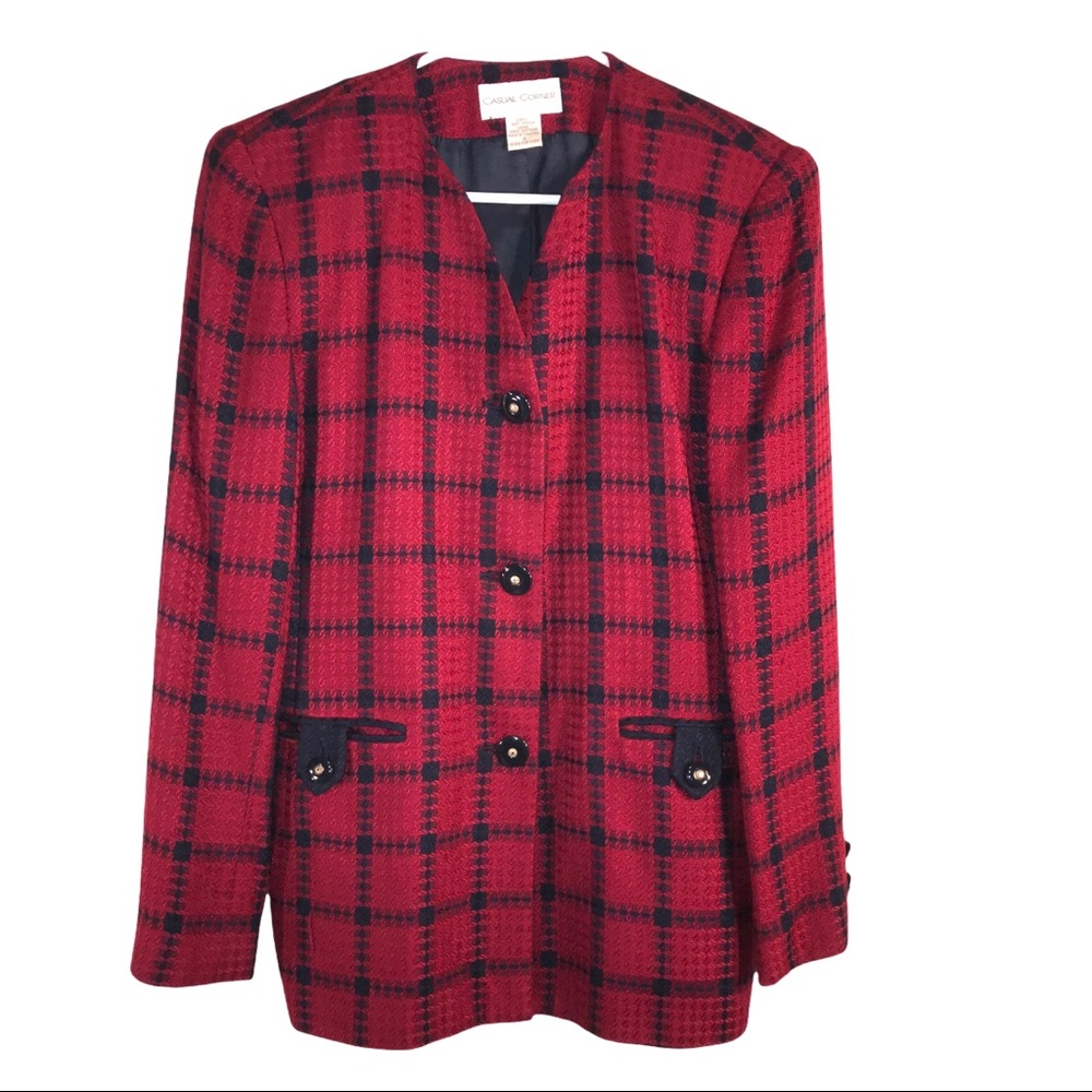 Vtg Red Black Plaid Trendy Blazer